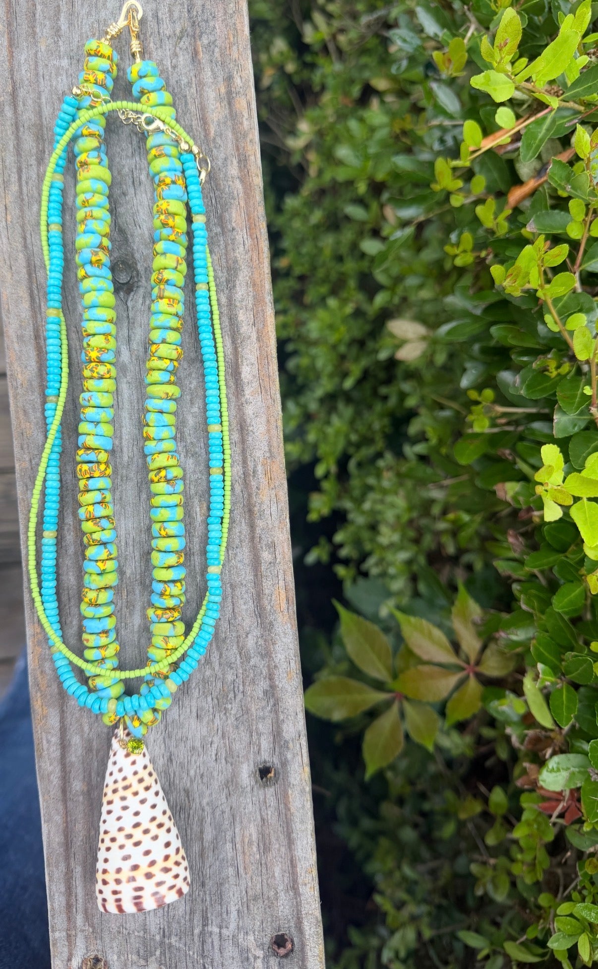 Blue and Green African beads with Leopard Shell