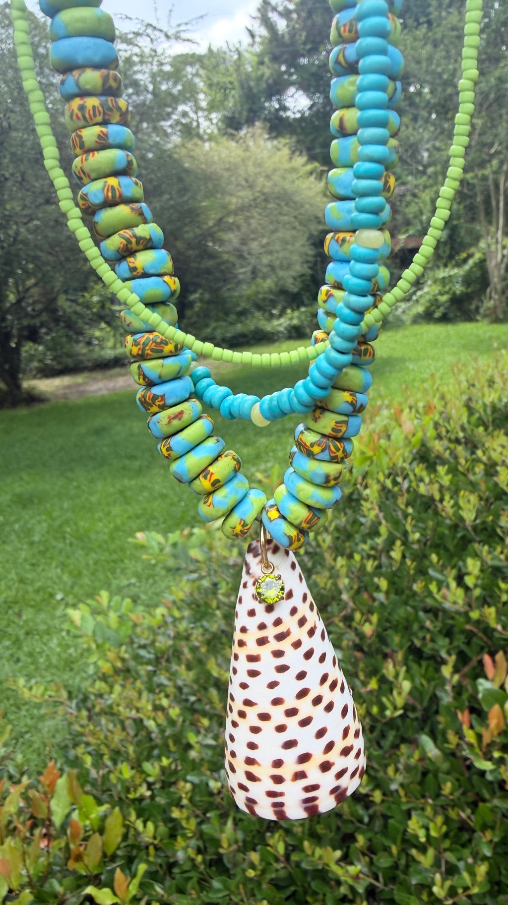 Blue and Green African beads with Leopard Shell