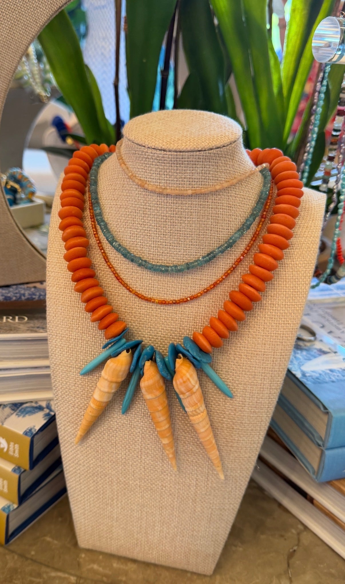 Orange and turquoise shell necklace
