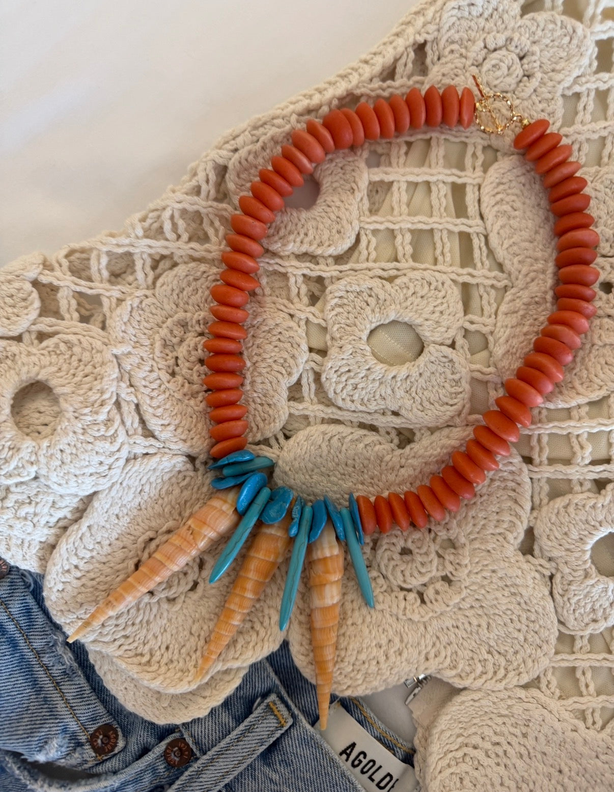 Orange and turquoise shell necklace