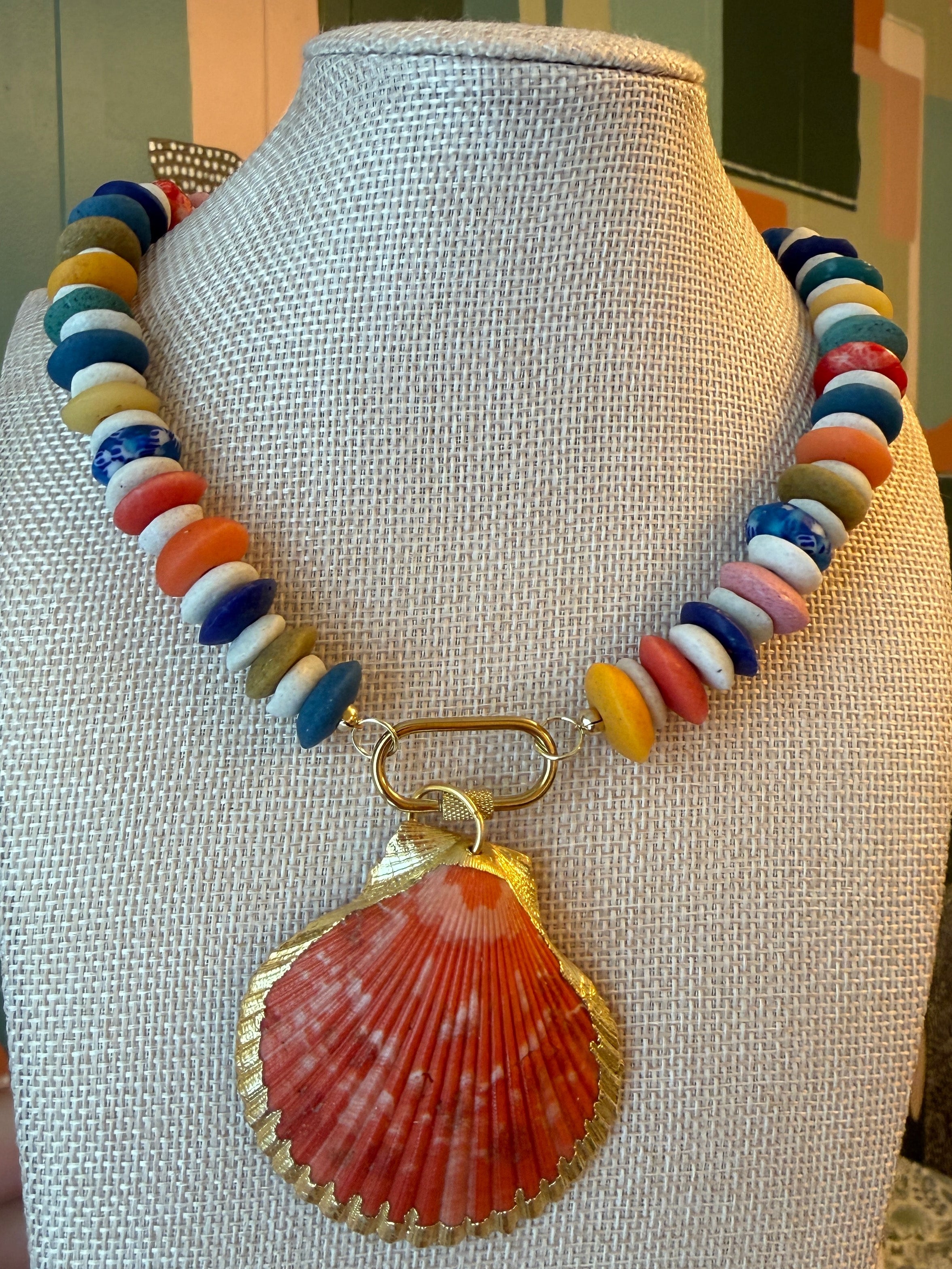 Multi Color African Beads with Orange Charm Shell